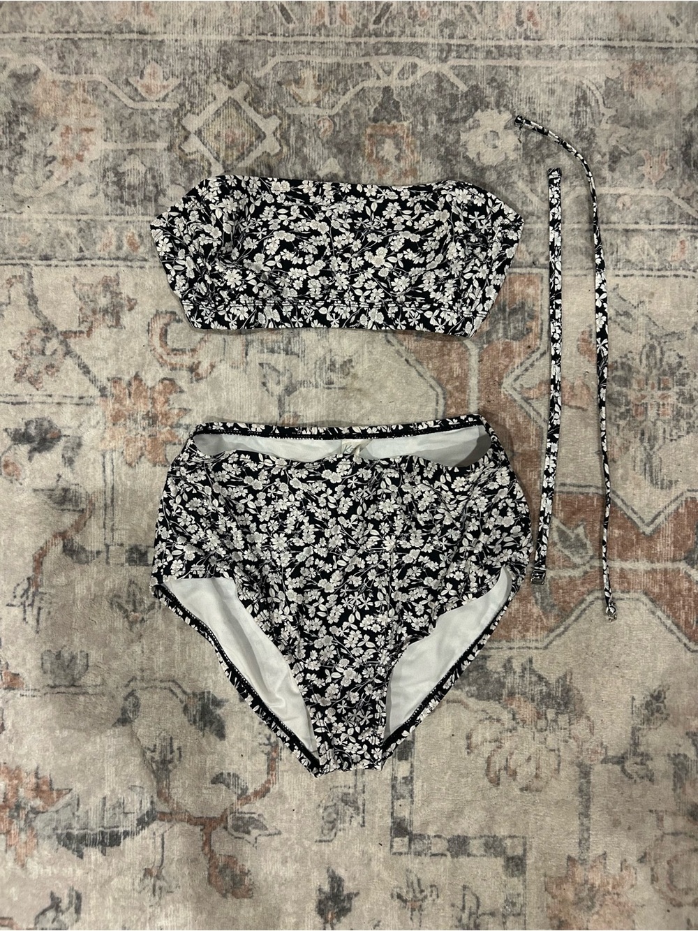 Kona Sol Black & White Floral High-Waist Bandeau Bikini